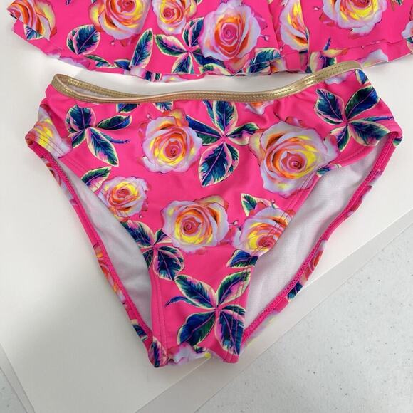 Betsy Johnson Girls 2PC Pink Floral Swimsuit Size M 10 Gold Trim - Picture 2 of 9